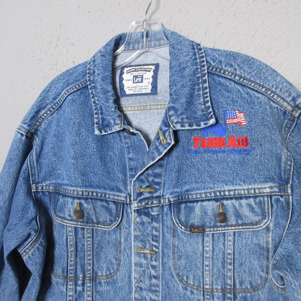 Vintage Lee Denim Jean Jacket Large Farm Aid  Trucker Embroidered Cotton 90s